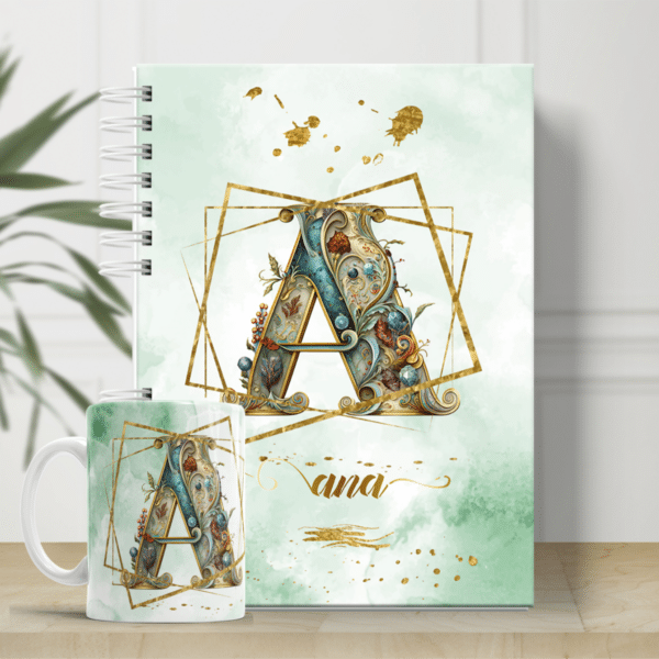 COMBO ALFABETO ARABESCO DOURADO CANECAS + AGENDAS